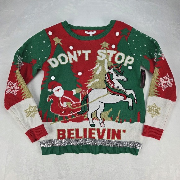 No Boundaries Junior's XXL Ugly Christmas Sweater Santa Unicorn Jingle Bells NWT - Picture 1 of 10